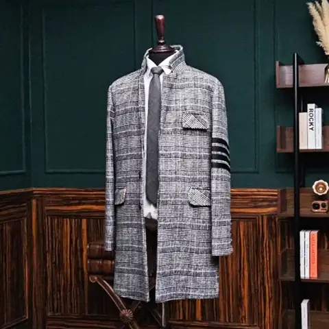 톰브라운 사선완장 글렌체크 울 코트 (그레이/브라운)