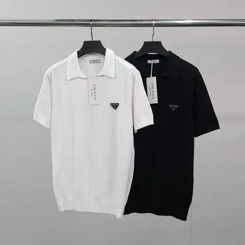 프라다 로고와펜 오픈카라 반팔 카라 니트