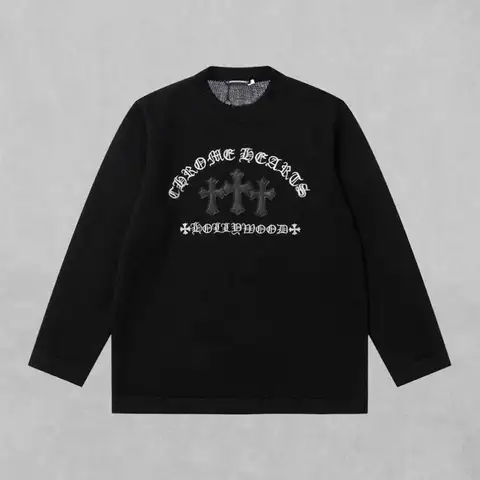 크롬하츠 레더 세메터리 패치 자수 울 니트 풀오버