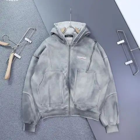 발렌시아가 빈티지 피그먼트 워싱 기모 후드 자켓 (그레이/블랙)